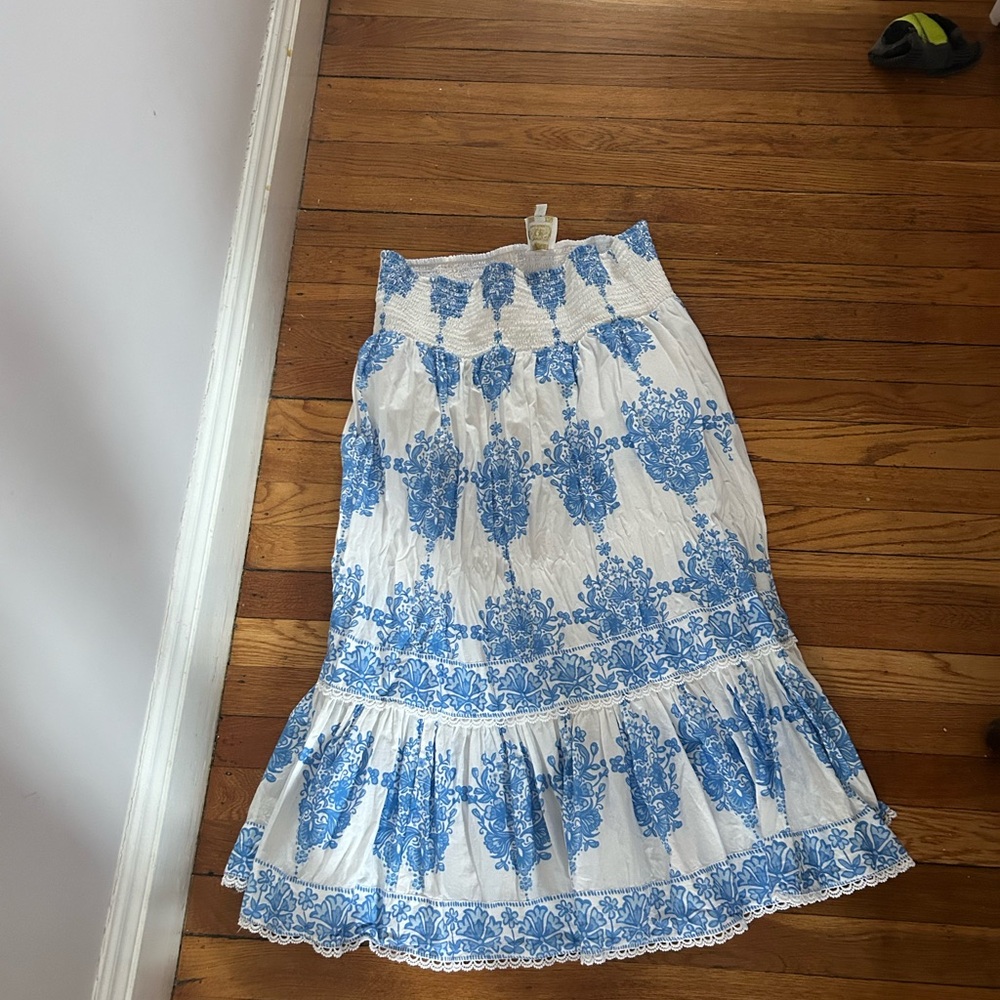 Sail to Sable White Maxi Skirt with Blue Floral Block Print